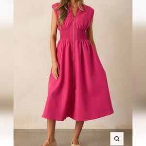 Evette Magenta Pink Zip Front Midi Dress By Avara.